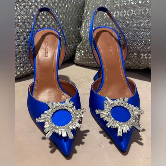 Amina Muaddi Begum Blue Heels with Crystal Embellishments - Picture 3 of 7